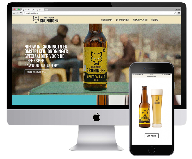 OP deze afbeelding staat een foto van een iMac en een iPhone 6 met hierop het ontwerp van de website van Craft Brewery Groninger.