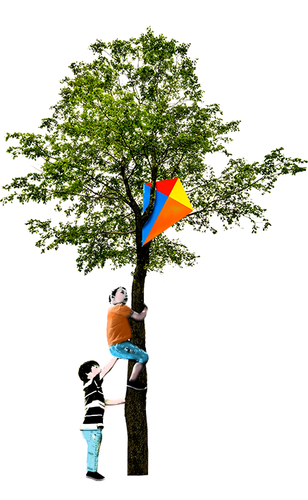 Doormiddel van deze afbeelding van twee jongetjes die een vlieger uit de boom halen verbeelden we een gedeelte van de missie en visie van het UMCG.