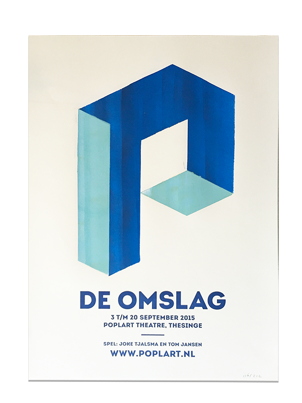 Een affiche voor Poplart Theatre met hierop het logo dat 212 Fahrenheit heeft gemaakt uitgevoerd in twee blauwe tinten.