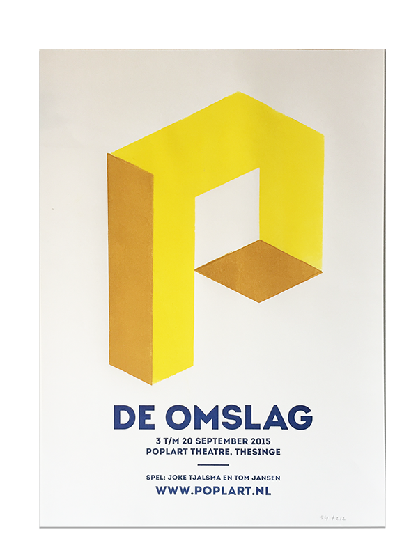 Een affiche voor Poplart Theatre met hierop het logo dat 212 Fahrenheit heeft gemaakt uitgevoerd in geel en beige.